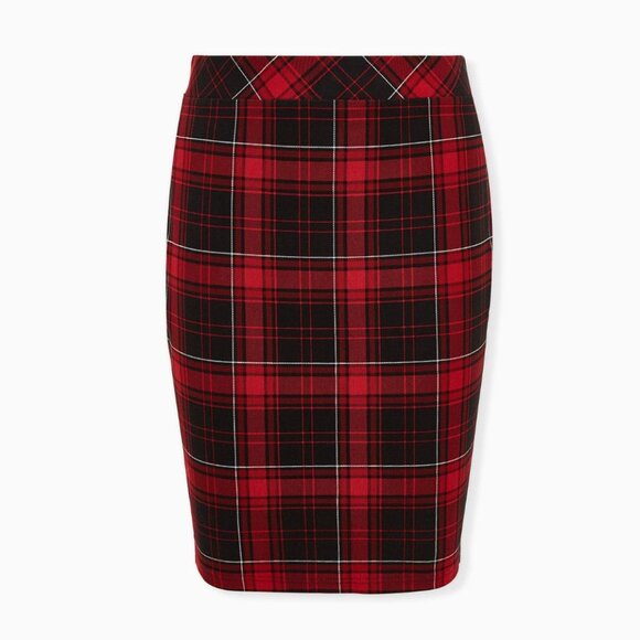NWT Torrid Sz 2 Midi Studio Luxe Ponte Pencil Skirt Red Plaid - Picture 2 of 3
